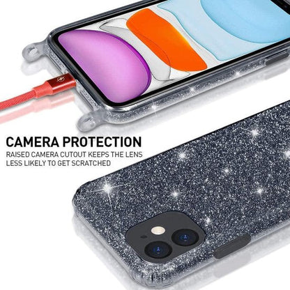 Samsung Galaxy A02s Hoesje - Zwart - Glitter Back Cover met Telefoonkoord