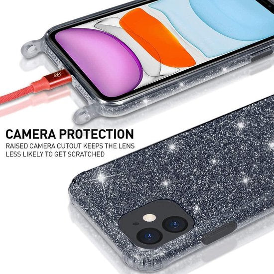Apple iPhone 12 Mini Hoesje - Zwart - Glitter Back Cover met Telefoonkoord