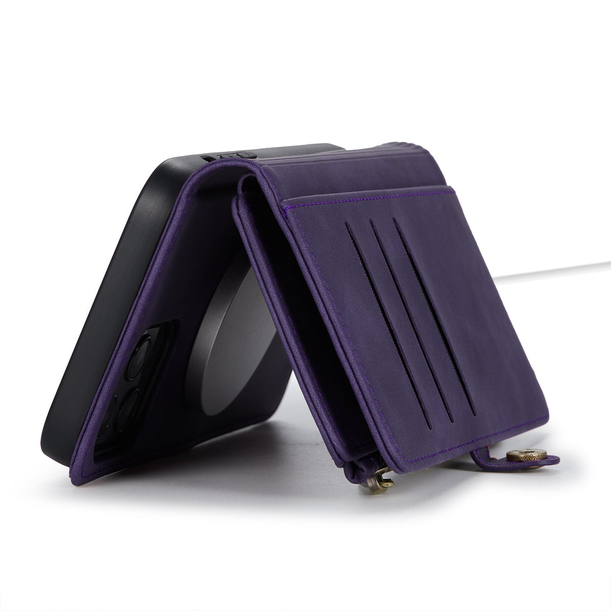 Apple iPhone 15 Hoesje - Dark Purple - Luxe MagSafe Bookcase met Rits en Telefoonkoord