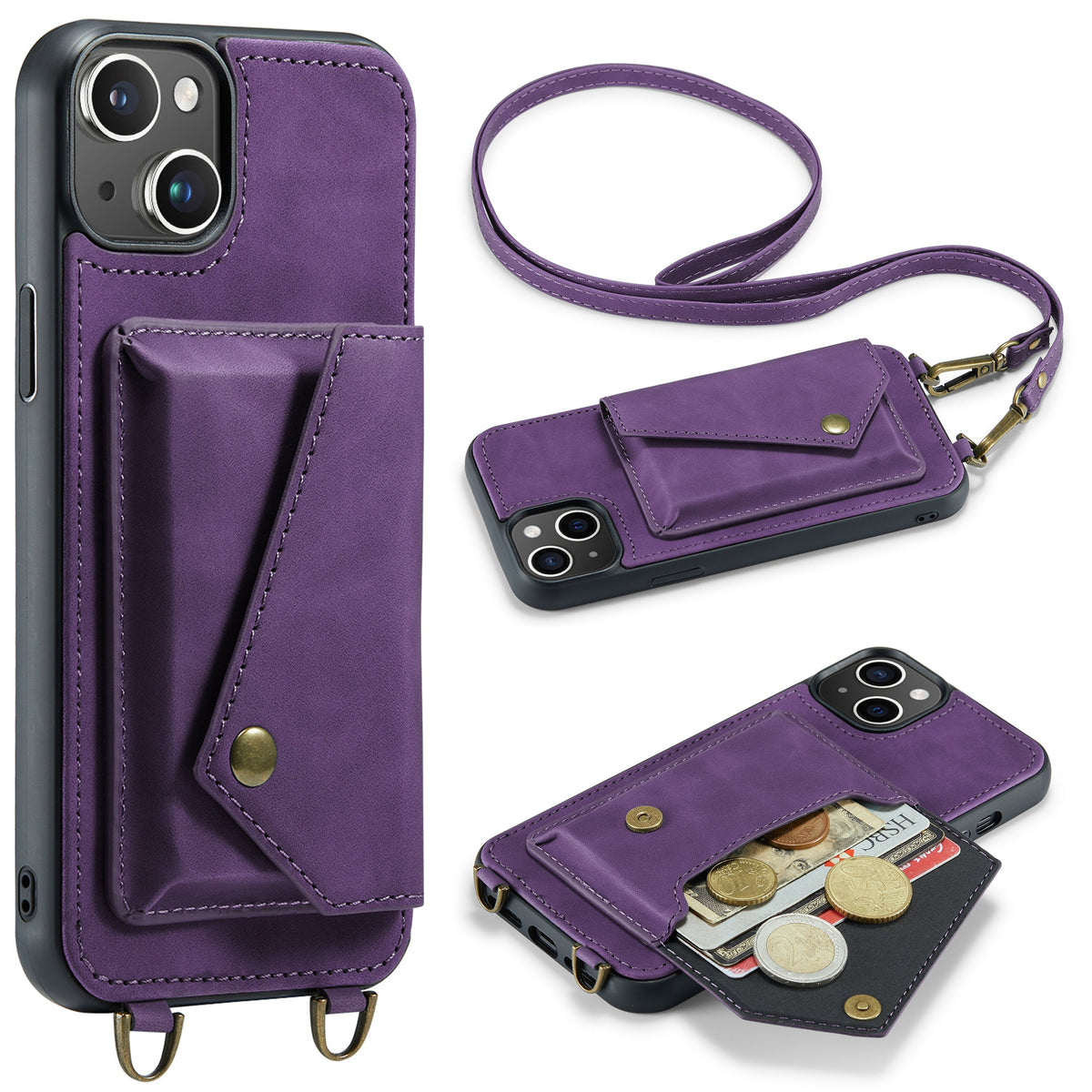 Apple iPhone 15 Hoesje - Dark Purple - Luxe Back Cover met Telefoonkoord