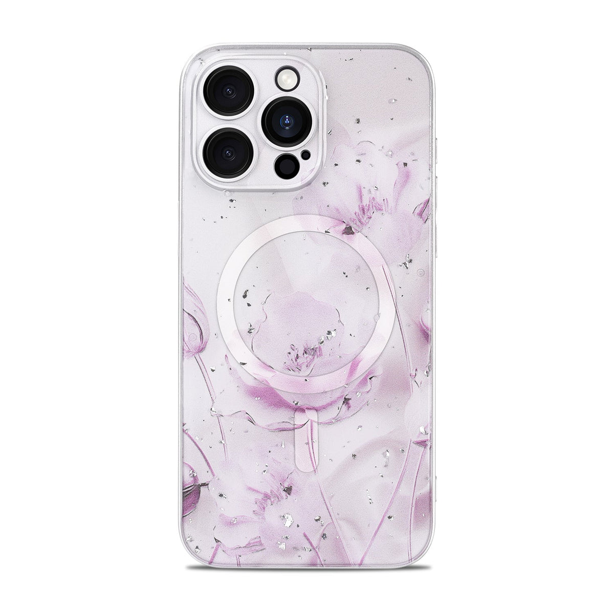 Apple iPhone 14 Pro Hoesje - Licht Roze - Bloemen Glitter MagSafe Back Cover