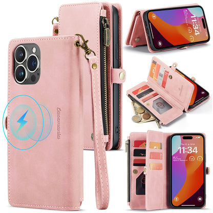 Apple iPhone 15 Pro Max Case - Pale Pink - Luxury MagSafe Wallet Case with Zipper and Phone Strap