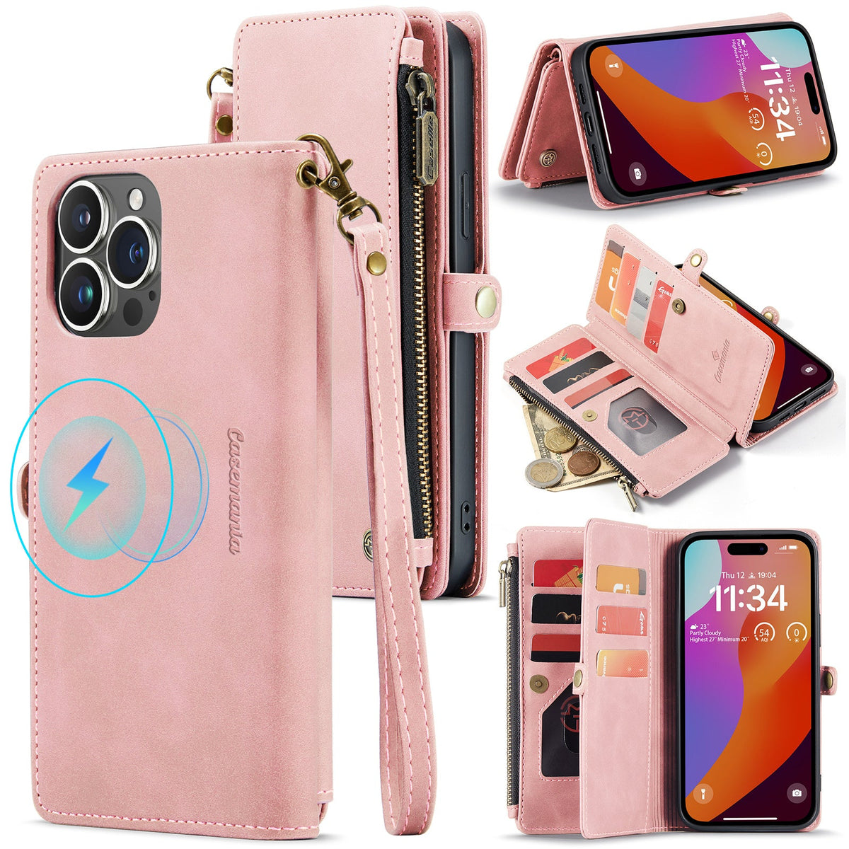 Apple iPhone 15 Plus Hoesje - Pale Pink - Luxe MagSafe Bookcase met Rits en Telefoonkoord