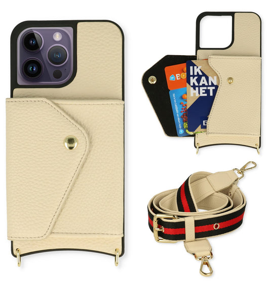 Apple iPhone 13 Pro Max Hoesje - Beige - Luxe Back Cover met Telefoonkoord en Rits