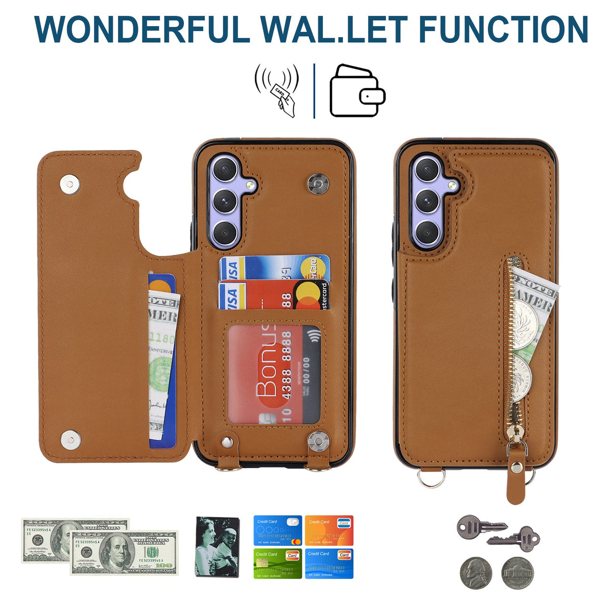 Samsung Galaxy A14 4G Hoesje - Bruin - Luxe Back Cover met Telefoonkoord en Rits