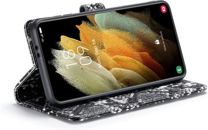 Samsung Galaxy S21 FE Hoesje - Zwart - Luxe Slangen Bookcase