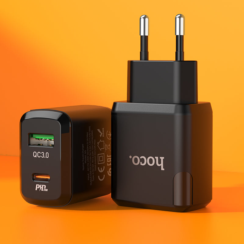 Hoco 20W Snellader 2-poorts USB-C + USB-A met USB-C Kabel 1m - Zwart