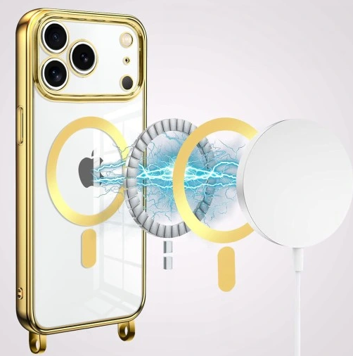 iPhone 17 Pro Hoesje - Goud - Siliconen MagSafe Back Cover met Telefoonkoord