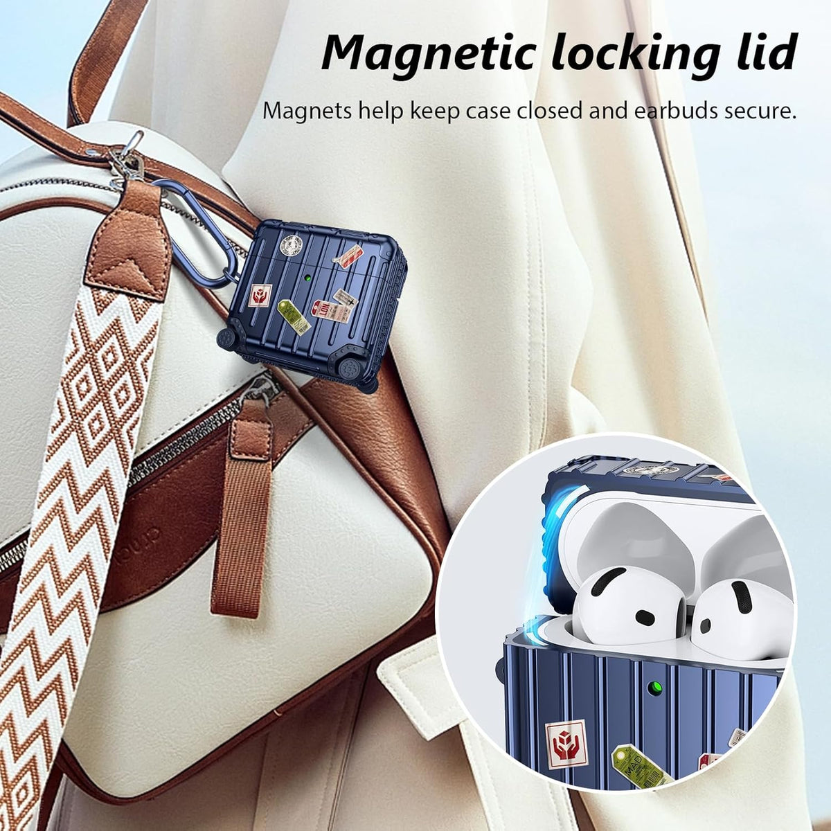 Apple AirPods 4 Hoesje - Koffer Suit Case met Stickers - Blauw