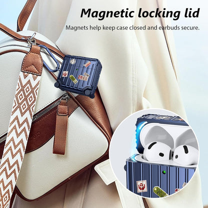 Apple AirPods 4 Hoesje - Koffer Suit Case met Stickers - Blauw