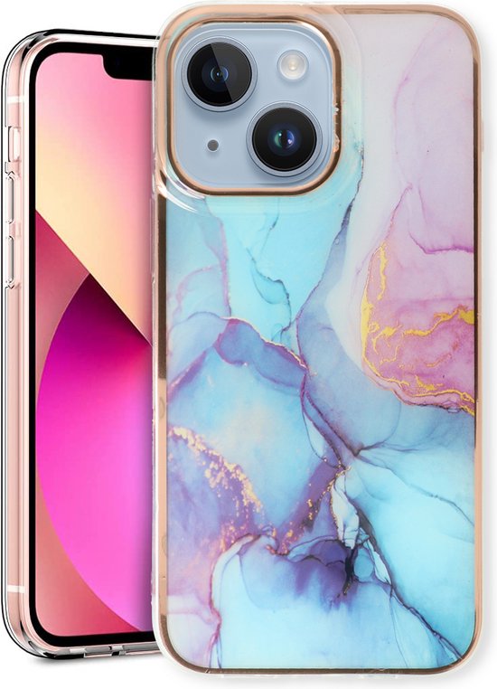 iPhone 13 Hoesje - Blauw - Siliconen Marmer Back Cover