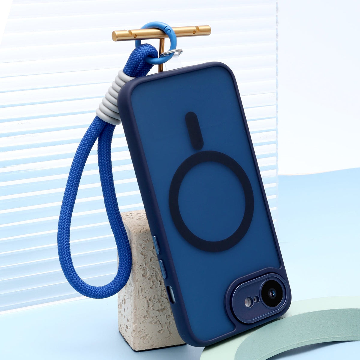 Apple iPhone 16e Case - Blue with Wrist Band - Matte Armor MagSafe Back Cover with Phone Strap