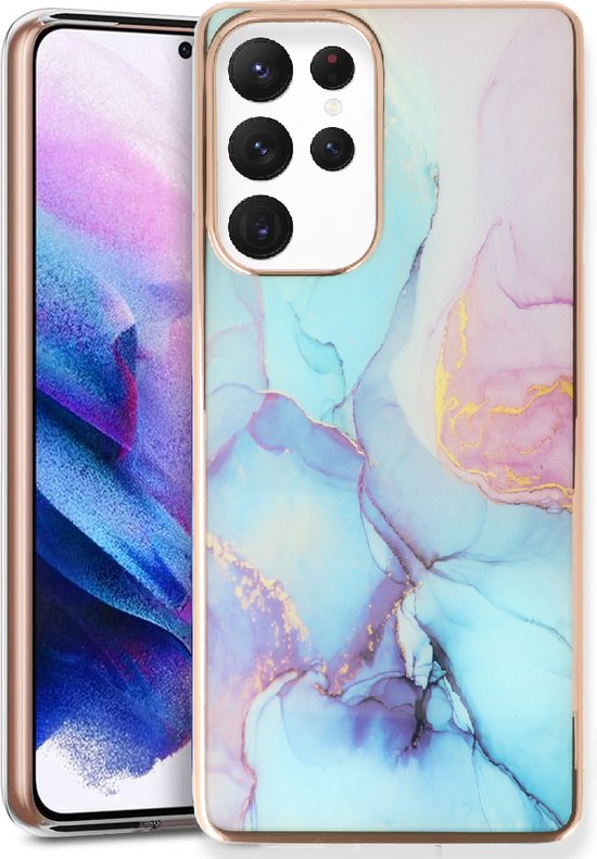 Samsung Galaxy S23 Ultra Hoesje - Blauw - Siliconen Marmer Back Cover