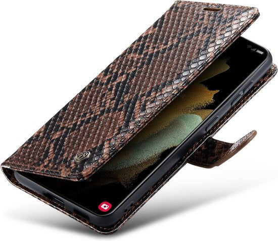 Samsung Galaxy S21 FE Hoesje - Bruin - Luxe Slangen Bookcase