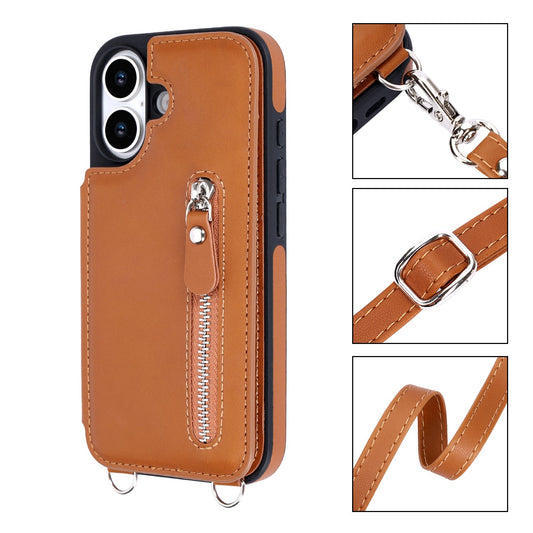 Apple iPhone 17 Case - Brown - Luxury Back Cover with Phone Strap and Zipper
