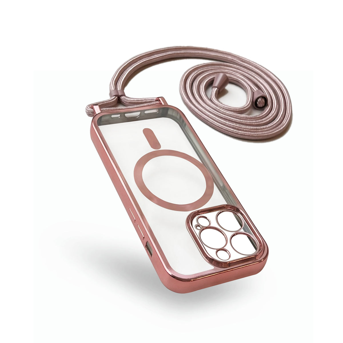 Coque pour iPhone 14 Pro Max - Or rose - Étui arrière en silicone MagSafe avec cordon pour téléphone