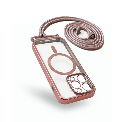 Coque pour iPhone 14 Pro Max - Or rose - Étui arrière en silicone MagSafe avec cordon pour téléphone