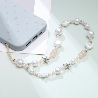 Casemania Universele Telefoonketting - Oceaan Design - Wristlet Charm Strap - Polsband met Parels, Zeesterren en Schelpen - Stevige Mobiele Armband