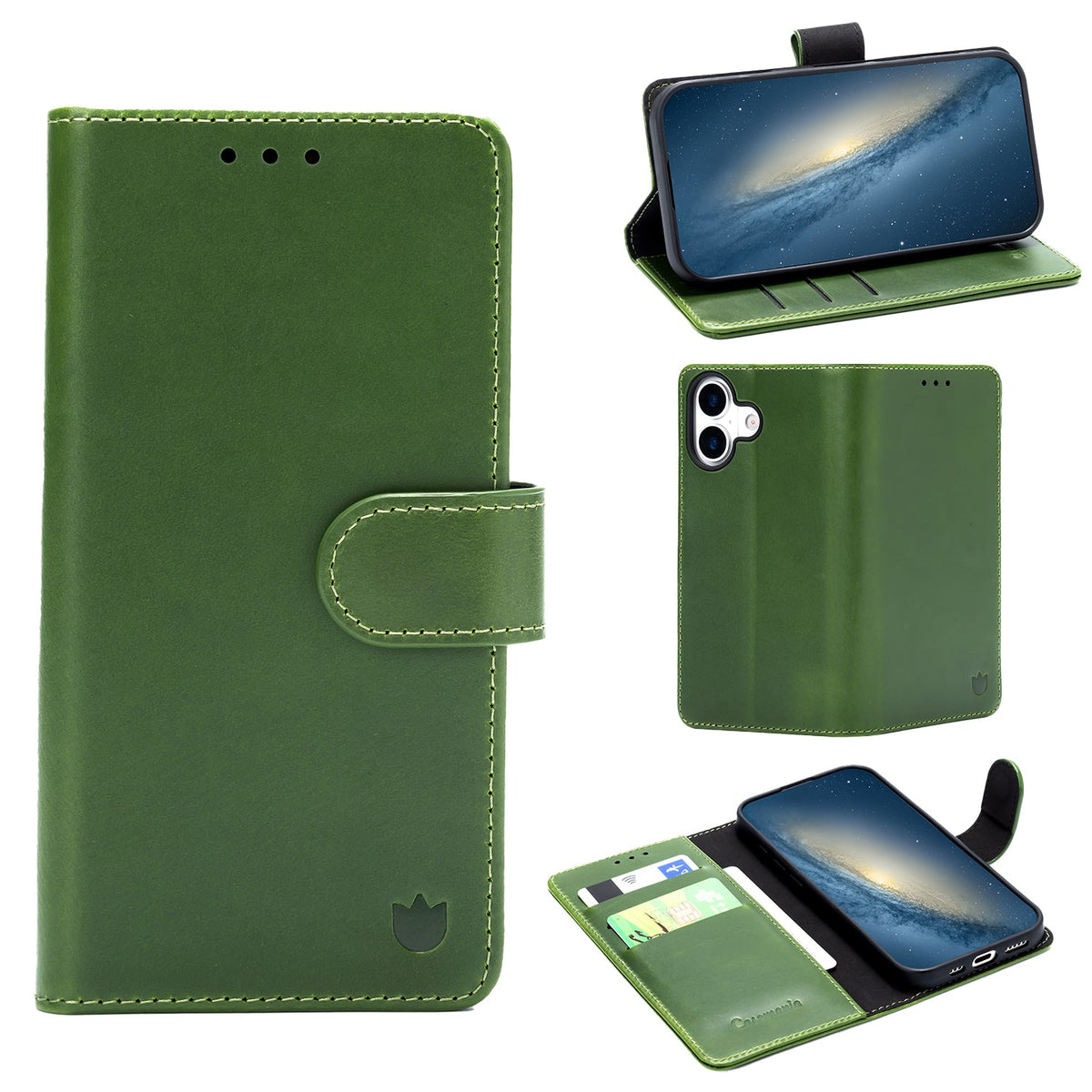 Apple iPhone 17 Hülle - Olive Green - Echtleder-Klapphülle mit Kartenfach