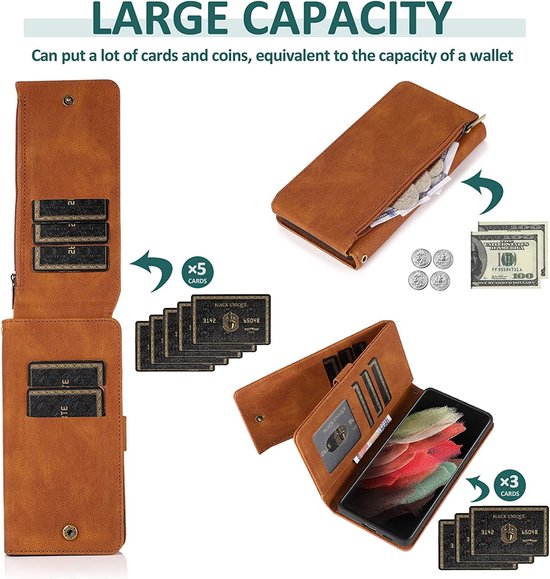 Samsung Galaxy S22 Ultra Hoesje - Bruin - Extra Stevige Luxe Bookcase met Rits en Vakken
