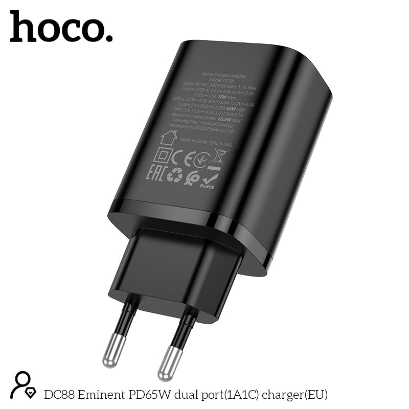 Hoco 65W Snellader 2-poorts USB-C + USB-A - Zwart