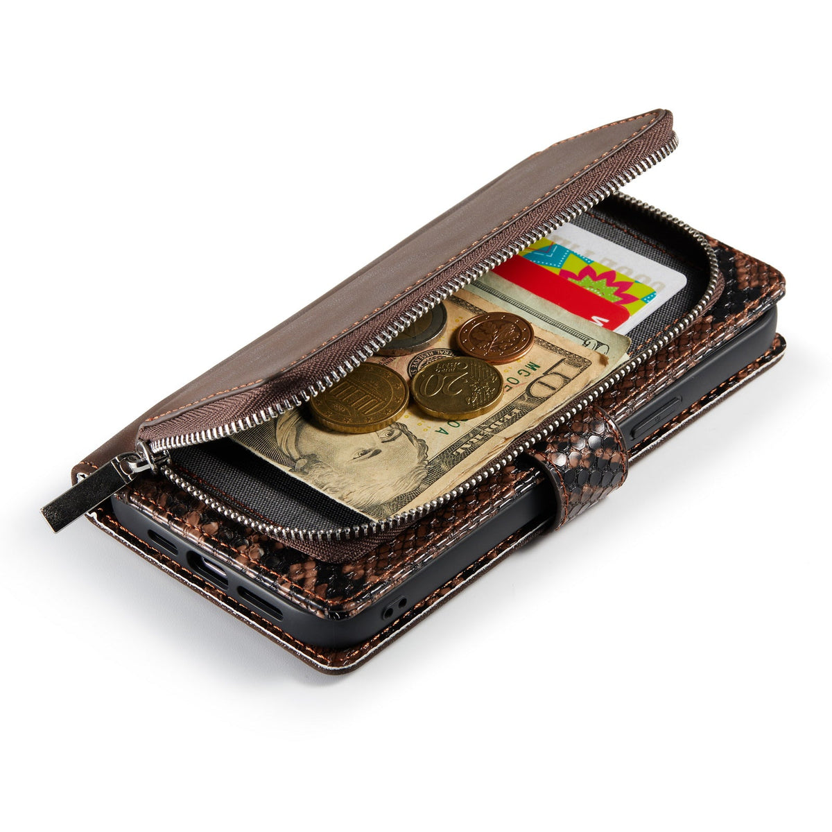 Apple iPhone 13 Pro Hoesje - Bruin - Slangenstructuur Luxe Bookcase met Rits en Pasjeshouder