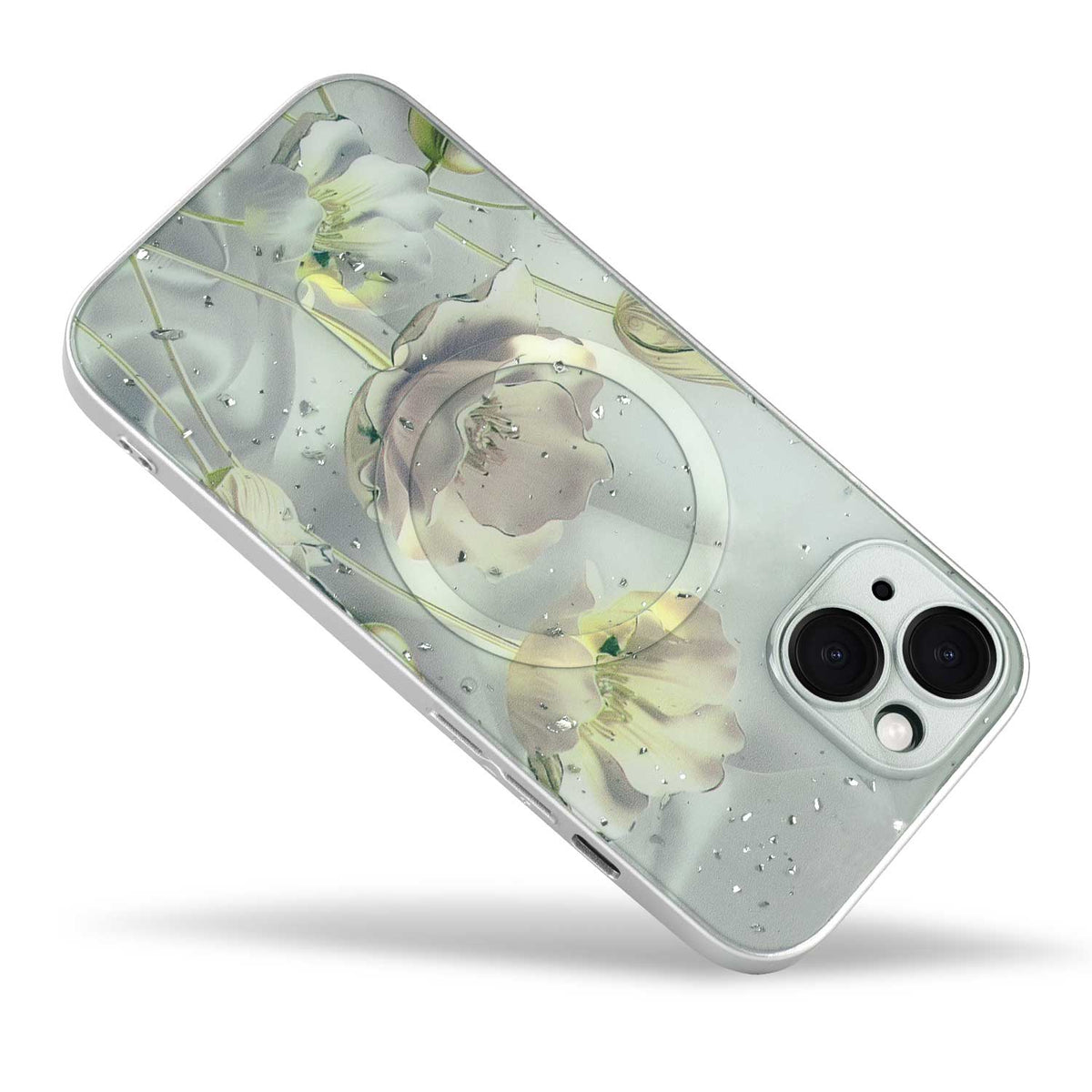 Apple iPhone 13 Hoesje - Grijs - Bloemen Glitter MagSafe Back Cover