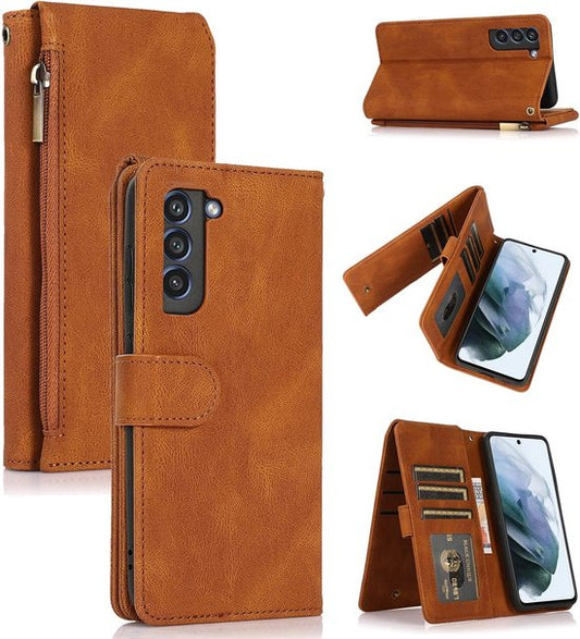 Samsung Galaxy S22 Plus Hülle - Braun - Extra Robuste Luxus Klapphülle mit Kartenfach, Reißverschluss und Fächern