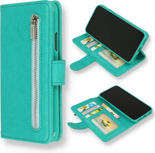 Samsung Galaxy A21S Hülle - Türkis - Luxus-Klapphülle mit Kartenfach und Reißverschluss