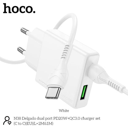 Hoco 20W Schnellladegerät 2-Port USB-C + USB-A mit USB-C-Kabel 1m - Weiß