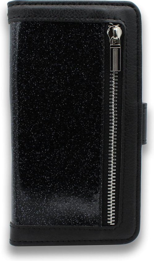 Apple iPhone 12 Mini Hoesje - Zwart - Glitter Luxe Bookcase met Rits