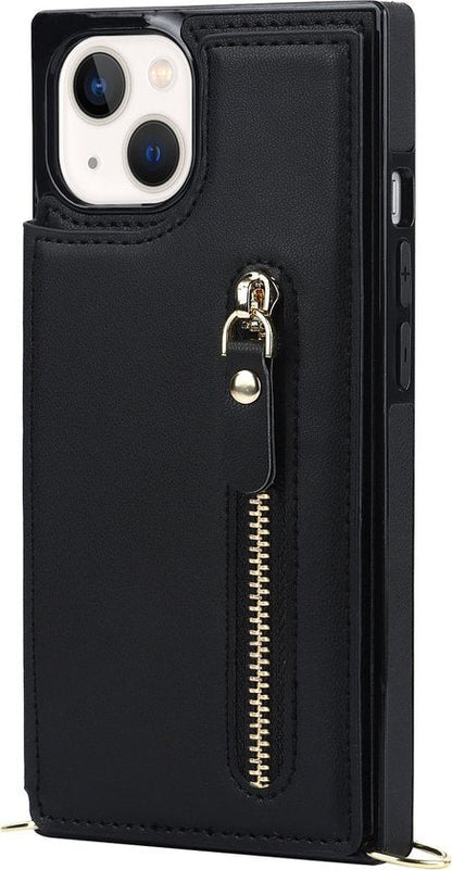 Apple iPhone 15 Hoesje - Zwart - Luxe Back Cover met Telefoonkoord en Rits