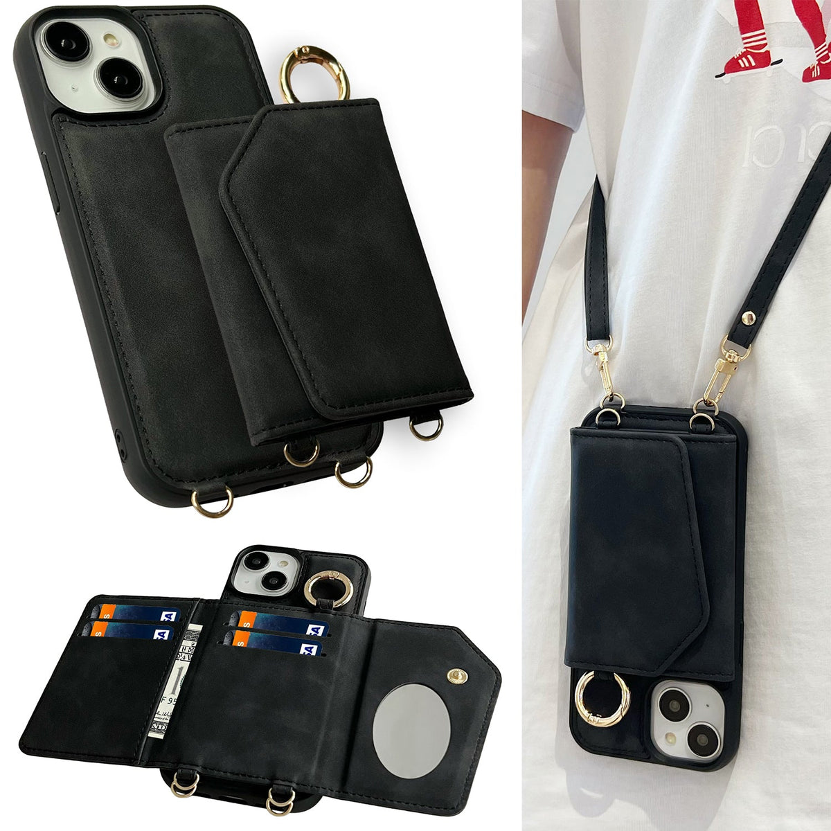 Apple iPhone 16 Plus Hoesje - Charcoal Gray - Back Cover met Uitschuifbare Pasjeshouder en Telefoonkoord