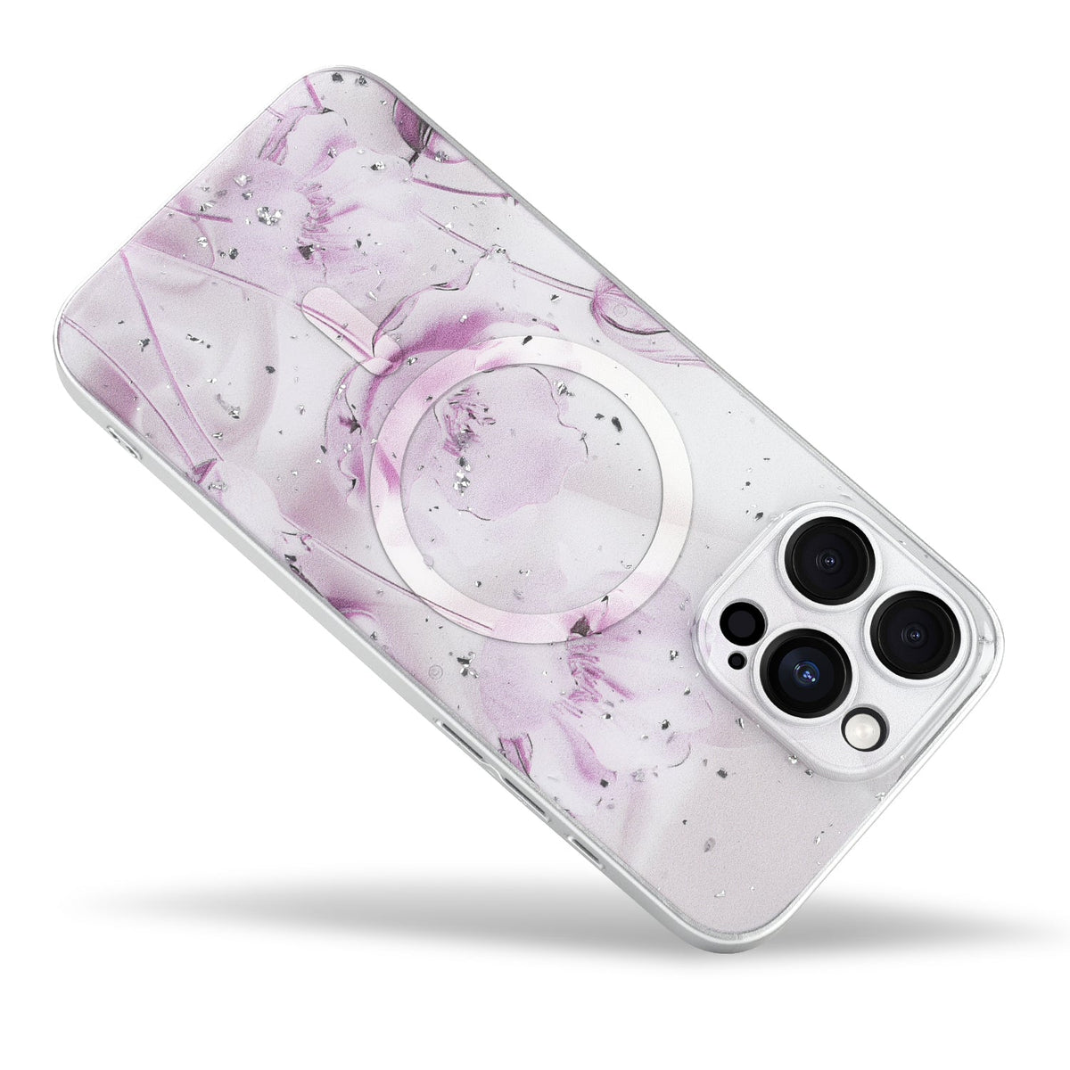 iPhone 15 Pro Hoesje - Licht Roze - Bloemen Glitter MagSafe Back Cover