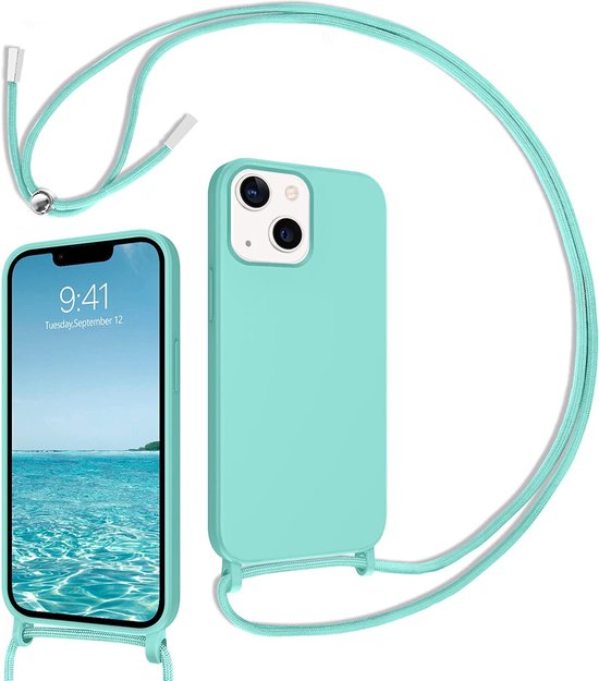 Apple iPhone 14 Pro Hoesje - Turquoise - Siliconen Back Cover met Telefoonkoord