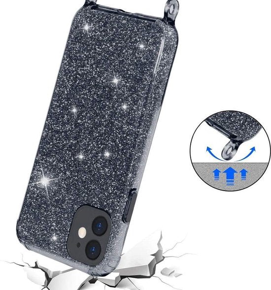 Samsung Galaxy A02s Hoesje - Zwart - Glitter Back Cover met Telefoonkoord