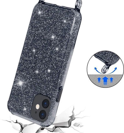 Samsung Galaxy S21 Hoesje - Zwart - Glitter Back Cover met Telefoonkoord