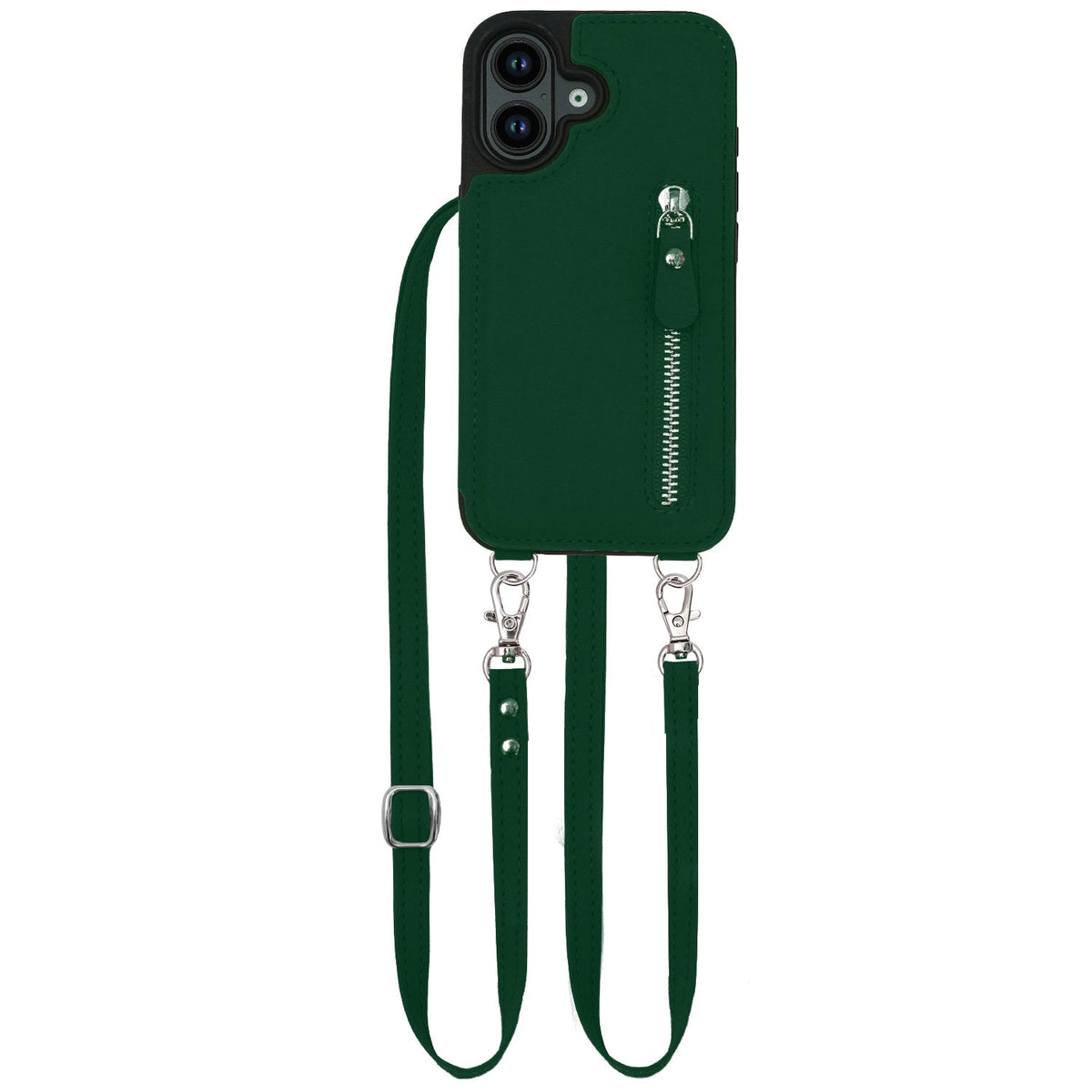 iPhone 16 Case - Green - Luxury Back Cover with Phone Strap and Zip