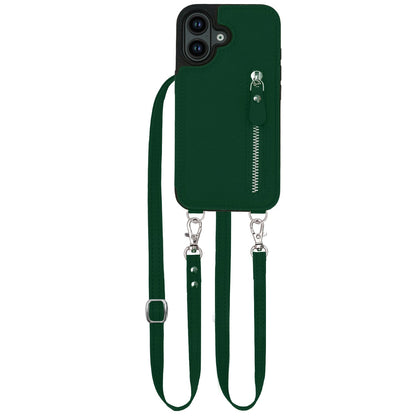 iPhone 16 Case - Green - Luxury Back Cover with Phone Strap and Zip