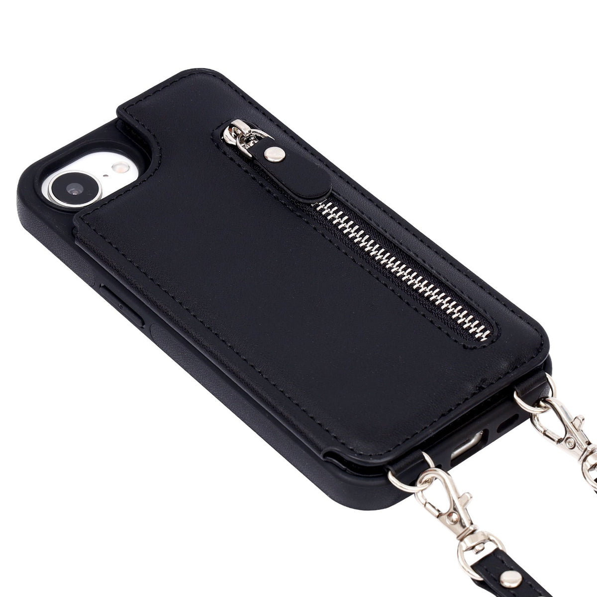 Coque iPhone 16e - Noir - Étui arrière de luxe avec cordon de téléphone et fermeture éclair