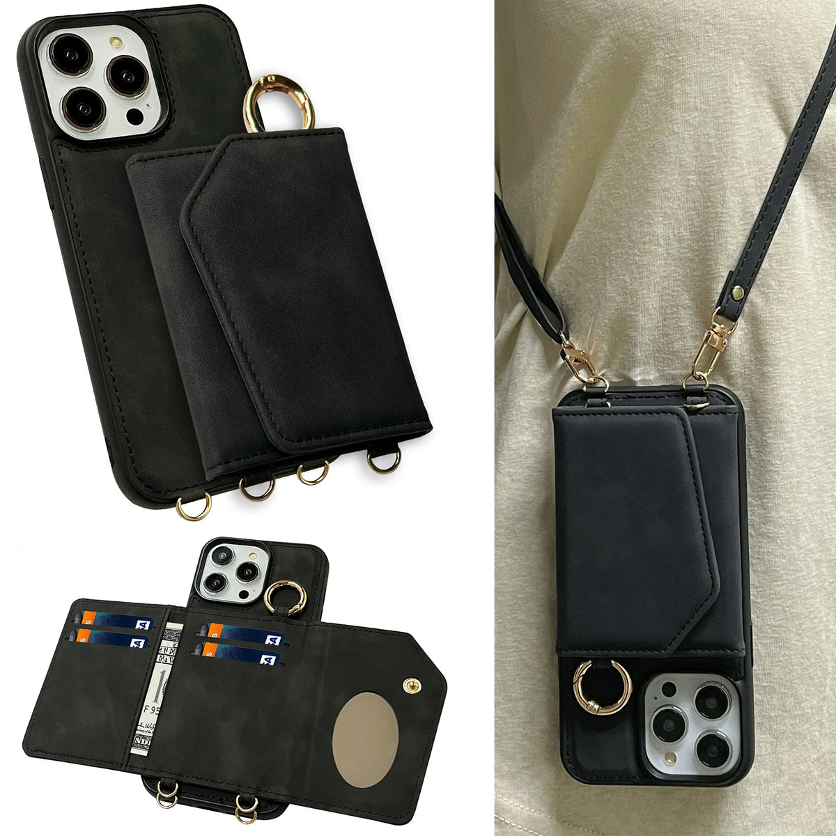 Apple iPhone 16 Pro Case - Charcoal Gray - Back Cover with Mirror, Sliding Card Holder and Phone Strap