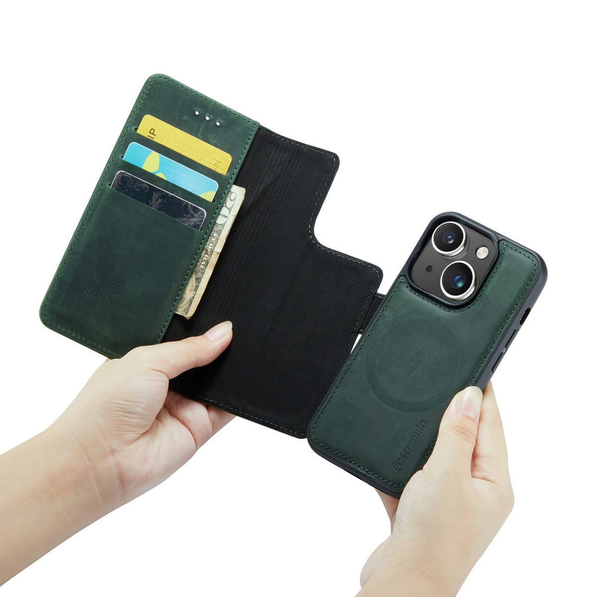 Apple iPhone 15 Plus Hülle - Emerald Green - Echtleder-2-in-1-MagSafe-Klapphülle mit Kartenfach