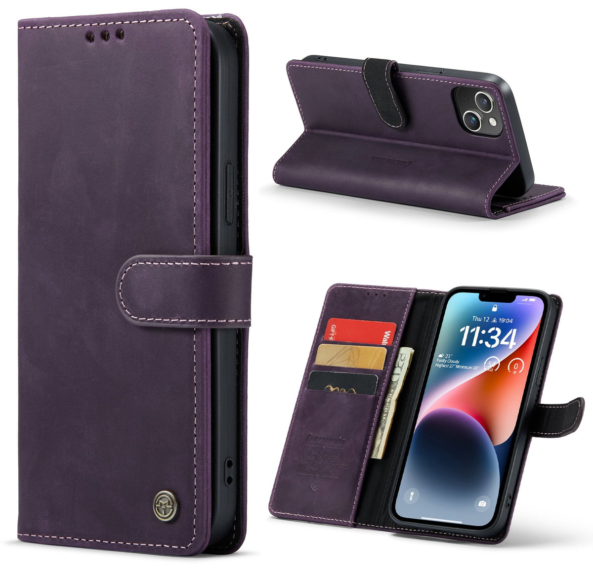Apple iPhone 14 Hoesje - Paars - Echt Leren Bookcase