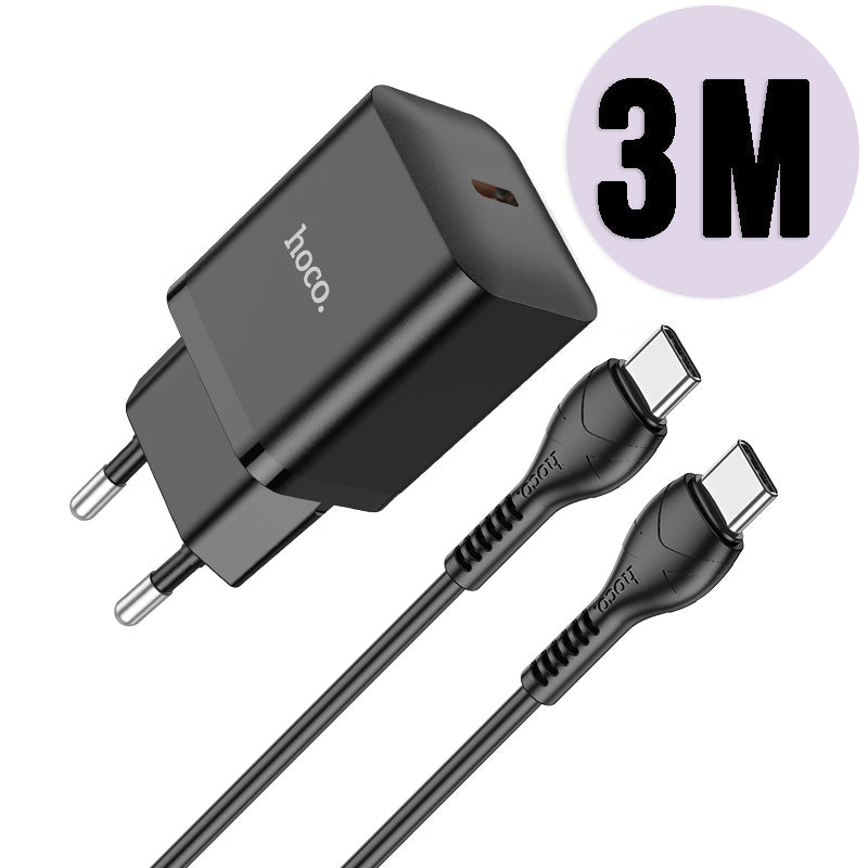 Chargeur rapide USB-C Hoco 20W avec câble USB-C 3 m - Noir
