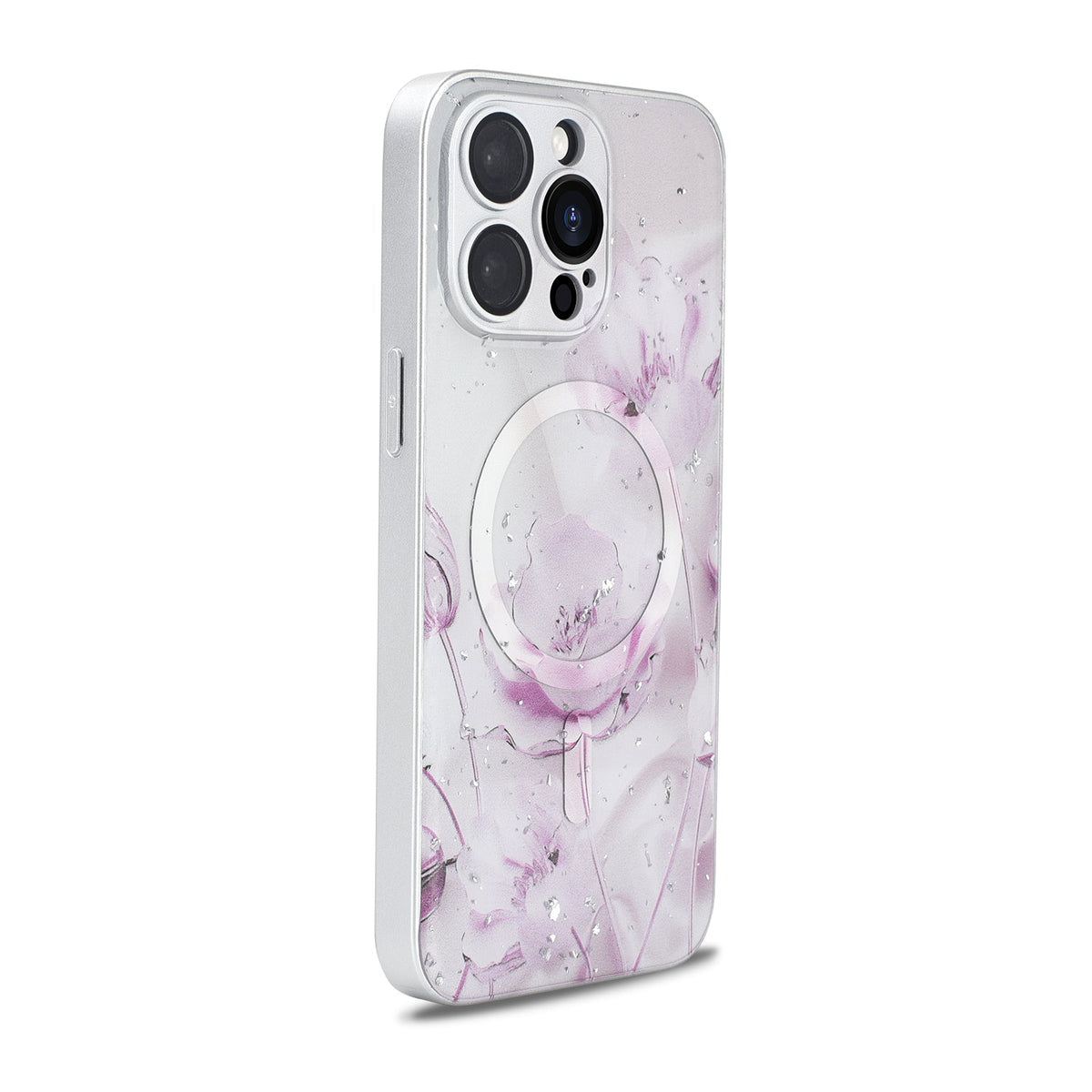 Apple iPhone 14 Pro Hoesje - Licht Roze - Bloemen Glitter MagSafe Back Cover