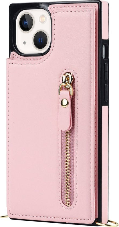Apple iPhone 15 Hoesje - Roze - Luxe Back Cover met Telefoonkoord en Rits