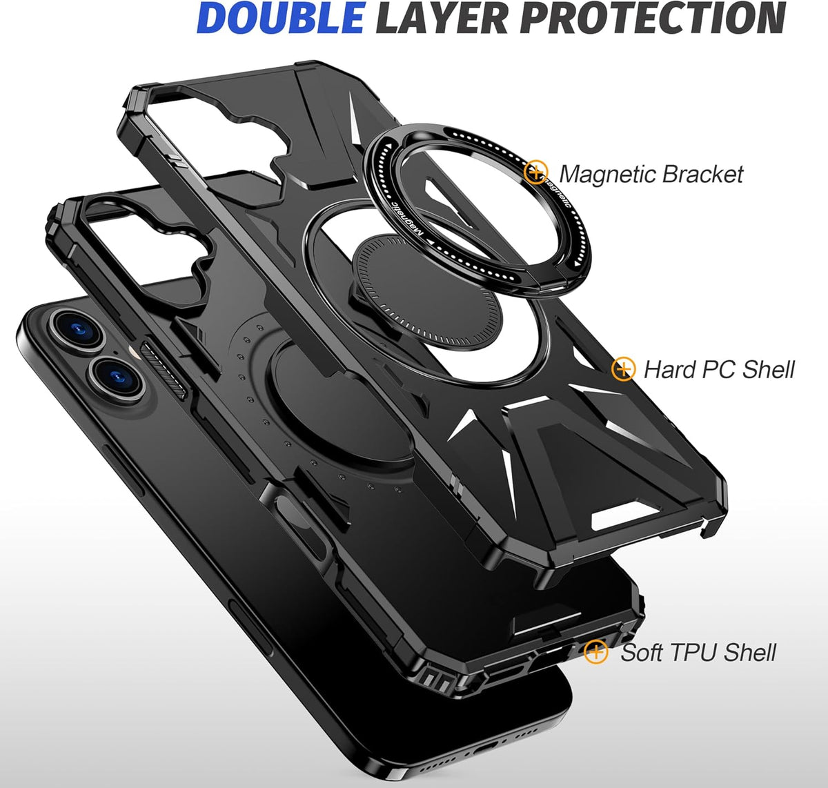 Apple iPhone 16 Plus Hoesje - Zwart - Ring Kickstand MagSafe Back Cover