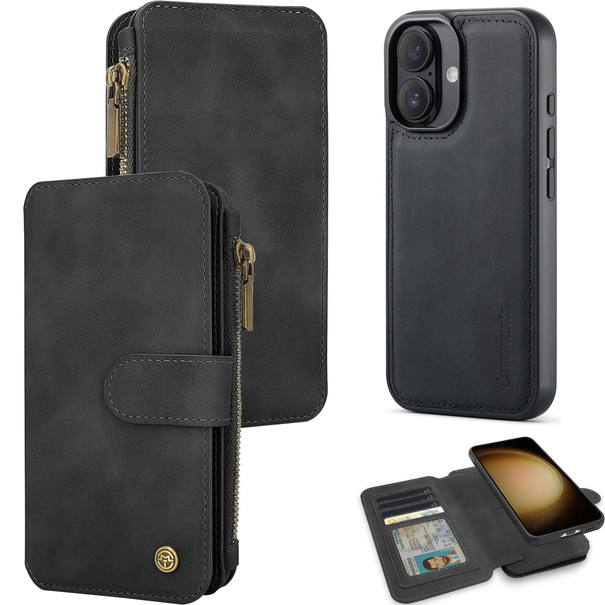 Apple iPhone 16 Case - Charcoal Gray - 2-in-1 Wallet Case with Zipper