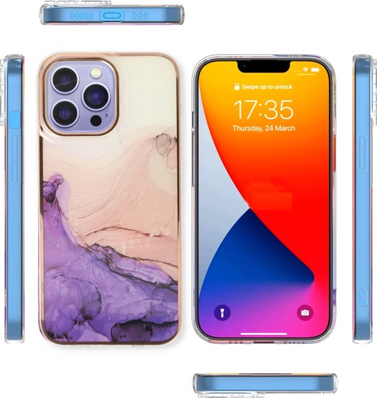 Apple iPhone 14 Pro Hoesje - Paars - Siliconen Marmer Back Cover