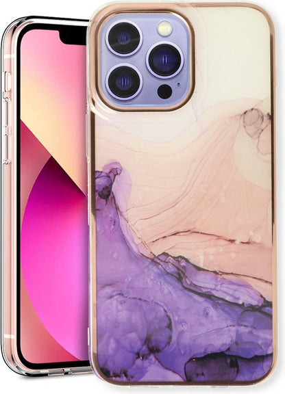 Apple iPhone 13 Pro Hoesje - Paars - Siliconen Marmer Back Cover